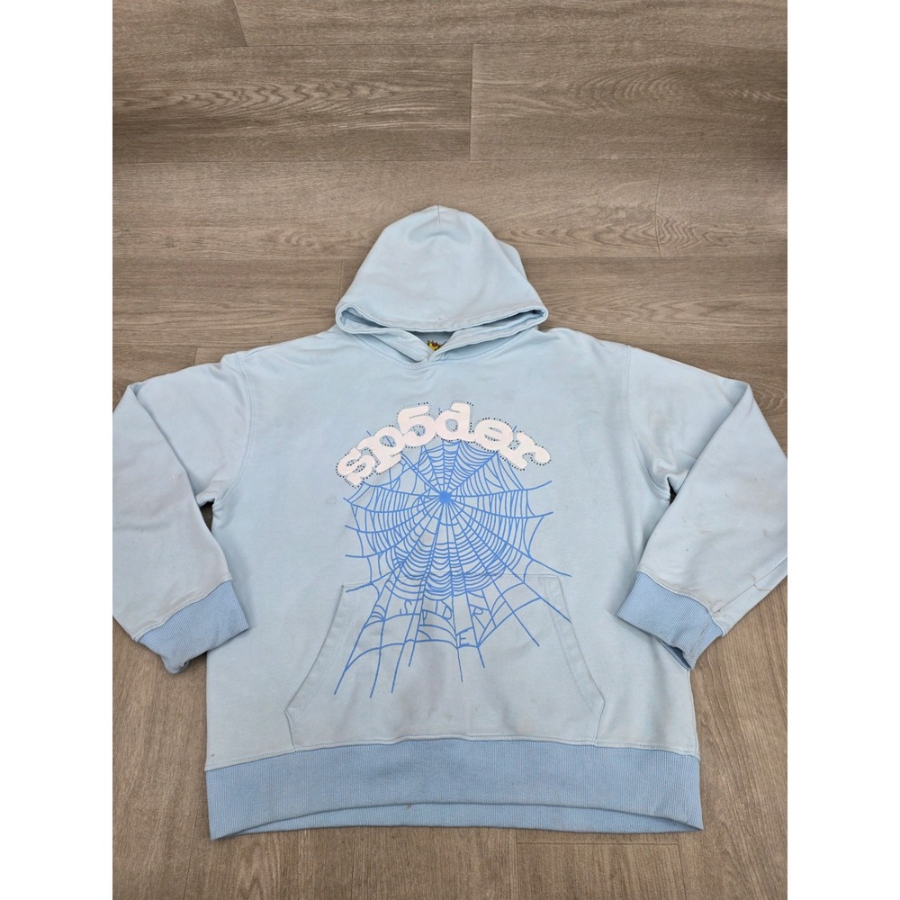 Sp5der Hoodie Men Size S Blue Web Rhinestone Graphic Streetwear Sweatshirt